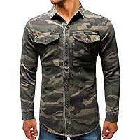 Men's Denim Jean Camo Shirt Jacket Casual Trucker Camouflage Military Hunting Shirts