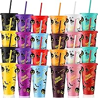 24 Pcs Halloween Plastic Cups with Lids and Straw 24 oz Bulk Reusable Cups with Lid and Straw for Cold Drinks Colorful Tumbler for Kid Adult, Gift for Halloween Christmas Party Favors