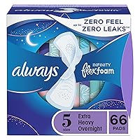 Infinity Feminine Pads for Women, Size 5 Extra Heavy Overnight, with wings, unscented, 66ct