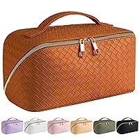 SFXULIX Large Capacity Travel Cosmetic Bag - Makeup Bag, PU Leather Waterproof Cosmetic Bag, Women Portable Travel Makeup Bag With Handle and Divider Flat Lay Makeup Organizer Bag (Brown)