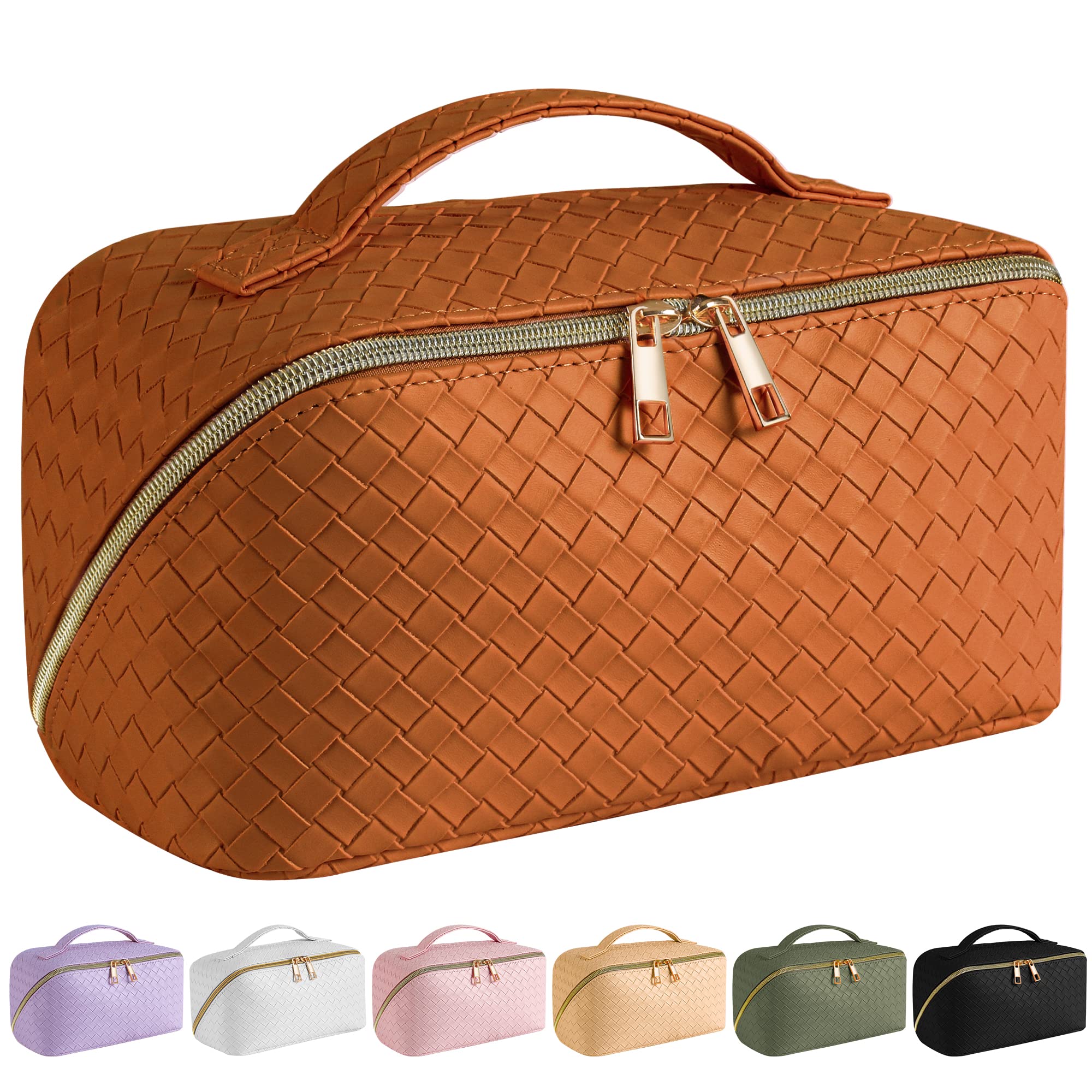 SFXULIX Large Capacity Travel Cosmetic Bag - Makeup Bag, PU Leather Waterproof Cosmetic Bag, Women Portable Travel Makeup Bag With Handle and Divider Flat Lay Makeup Organizer Bag