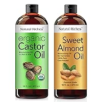 Natural Riches Thick Hair Organic Castor Oil and Almond Oil Cold pressed for Hair Loss & Dandruff - Moisturizes Heals Dry Skin, For Scalp, Skin, Hair growth, Almonds Grown in California.
