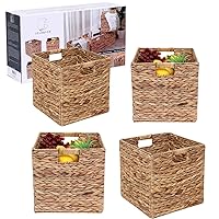 Foldable Handwoven Water Hyacinth Storage Baskets Wicker Cube Baskets Rectangular Laundry Organizer Totes,Set of 4 Pcs,12x12x12inch
