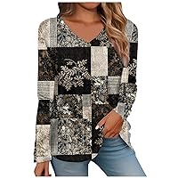 Blouses for Women Dressy Casual,Long Sleeve Tops for Women V Neck Printed Fashion Summer Y2K Blouse Casual Loose Fit Oversized Tunic T Shirts Gifts for Women