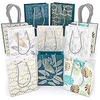 Arteza Gift Bags, 9.5 x 7 x 3.4 Inches, Set of 16 with an Assortment of 5 Unique Metallic Foil Designs on 10 White Paper Bags and 6 Blue Paper Bags, 2 of Each Style