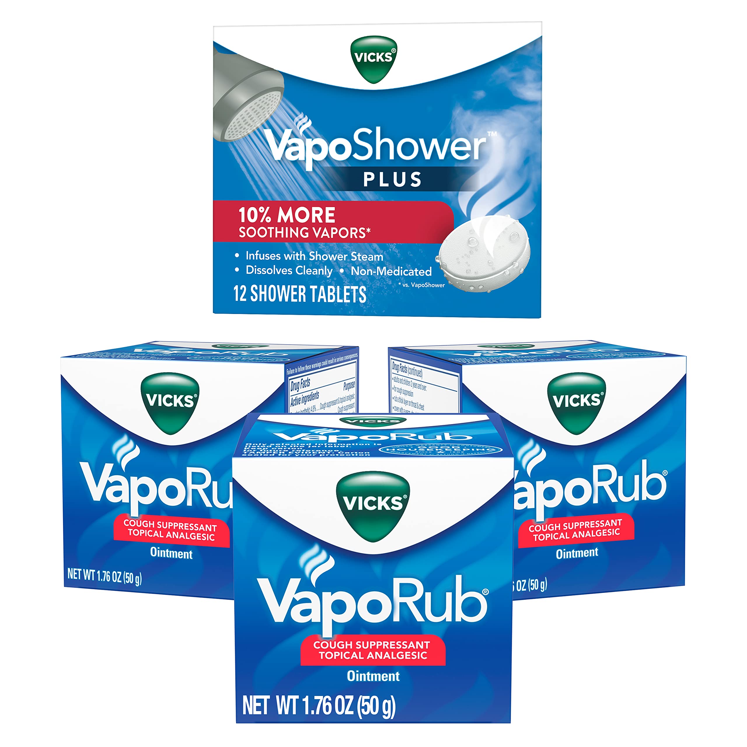 Vicks VapoRub, Chest Rub Ointment, Relief from Cough, Cold w/Original Medicated Vapors, 1.76 OZ (3 Pack) VapoShower Plus, Shower Bomb Tablets, Soothing Non-Medicated Vapors, 12 Tablets
