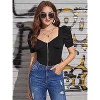 Women's Tops Sexy Tops for Women Women's Shirts Sweetheart Zip Front Gigot Sleeve Blouse (Color : Black, Size : Large)