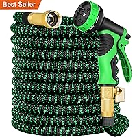 Expandable Garden Hose 25 ft with 10 Function Nozzle Sprayer, Lightweight & No-Kink Flexible Water Hose with Durable Latex Core & Solid Brass Fittings, 25ft Retractable Stretch Hose (Black & Green)