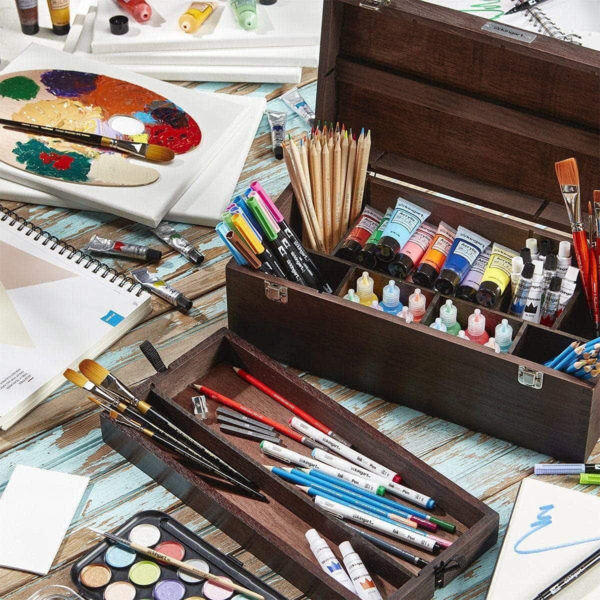 KINGART Artist Wood Pastel, Pen, Marker Portable Storage Box Organizer with Drawer, Tool Box Espresso Finish