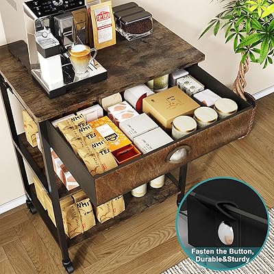 X-cosrack Coffee Bar Cabinet，3 Tiers Kitchen Coffee Cart with Drawer for  The Home, Movable Farmhouse Coffee Station Table on Wheels for Living Room