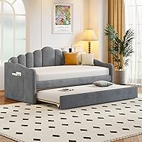 MERITLINE Upholstered Daybed with Trundle, Twin Size Velvet Sofa Bed with USB Port and 2 Large Pockets for Bedroom, Wood Slat Support, No Box Spring Needed, Easy Assembly（Grey）
