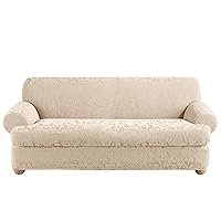 Stretch Jacquard Damask 2 Piece T Cushion Sofa Slipcover in Oyster