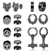 Fansilver 7Pairs Norse Viking Earrings for Men Stainless Steel Black Stud Earrings Fake Gauges Plug Vintage Huggie Mens Hoop Earrings Celtic Divination Thors Hammer Wolf Earrings