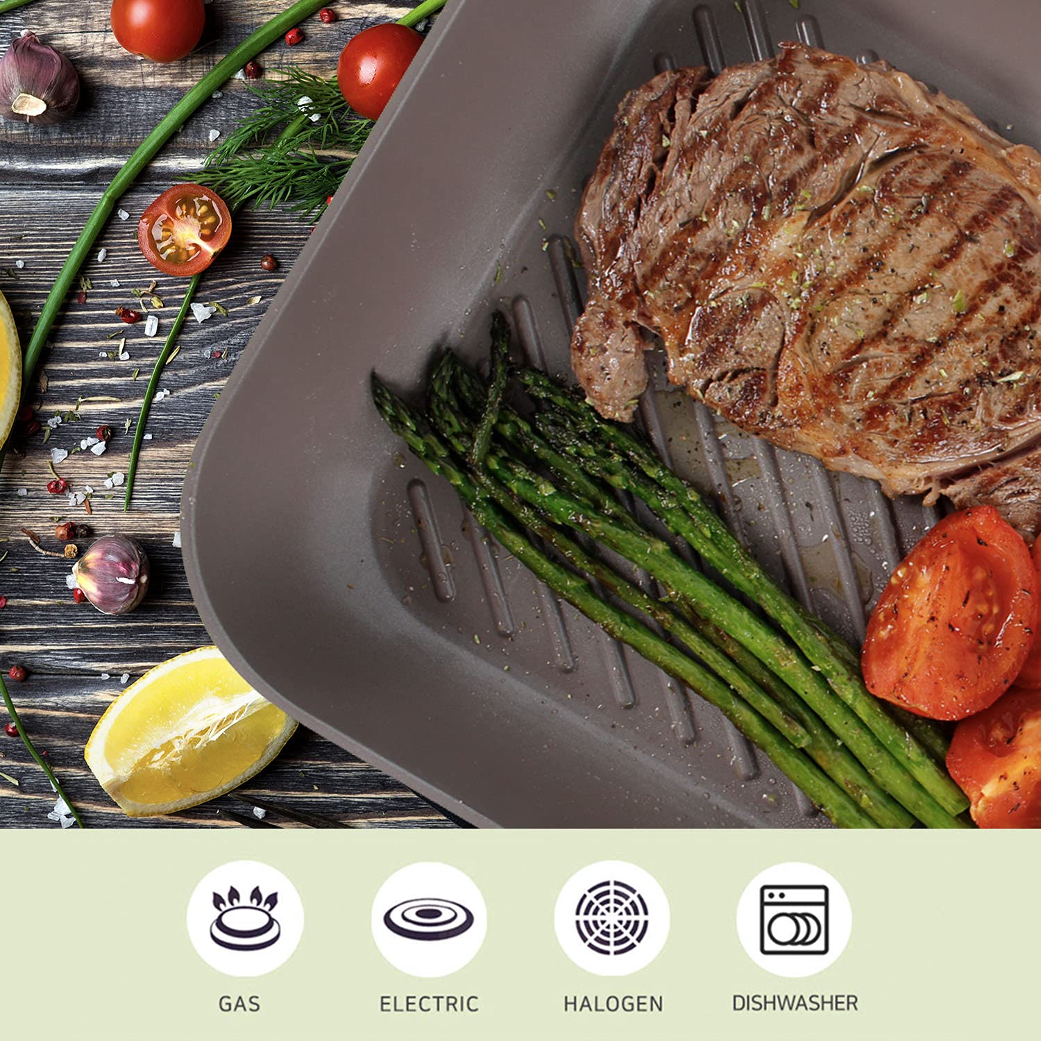 Neoflam Eela Non Stick Pan Griddle Square Stovetop Grill with Sear Ridges, PFOA Free Ecolon Ceramic Coating for Skillet, Broil, Fish Vegetables and Meat, Scratch Resistant, 11-Inch, Olive Green