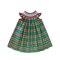 Holiday Christmas Hand Smocked Girls Tartan Dress Bishop Style Angel Wing Sleeves Green Plaid Gold Red Embroidery