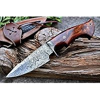 BIGCAT ROAR 10″ PATENTED Handmade Damascus Hunting Knife with Leather Sheath - Ideal for Skinning, Camping, Outdoor - EDC Fixed Blade Bushcraft Knife with Walnut Wood Handle - Predator Hunter