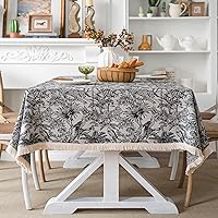 EAVD Black Floral Tablecloth Rectangle Tablecloth Fabric 60 x 84 Inch Soft Cotton Linen Table Cloth Cover with Tassels Boho Tablecloth for Kitchen Dinning Tabletop Outdoor Picnic