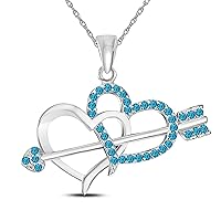 Valentine Day Special 14k White Gold Plated Alloy 0.15 Ct Blue Topaz Double Heart with Arrow Pendant Necklace with 18'' Chain