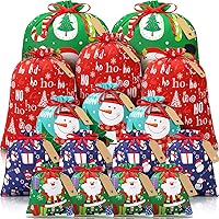 16 PCS Christmas Drawstring Gift Bags with Tags, Large Xmas Gift Bags Assorted Sizes Bulk, Jumbo Medium Small Holiday Gift Bags Cotton Fabric Gift Wrapping Bags for Christmas Presents Party Favor Sack