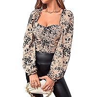 GORGLITTER Women's Floral Long Sleeve Blouse Shirt Mesh Square Neck Ruched Top