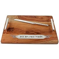 Zion Judaica Elegant Shabbat Wooden Challah Board and Stainless Steel Knife - Cut Out Lekuved Shabbos and Yom Tov- Artistic Natural Mango Wood Hallah Bread Cutting Board and Serrated Knife for Shabbos