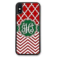 iPhone Xs Max, Phone Case Compatible with iPhone Xs Max [6.5 inch] Red Green Chevron Lattice Holiday Christmas Monogrammed Personalized IPXSM