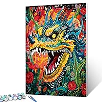 Dragon Open The Mouth Paint by Number for Adults,Graffitic Wildlife DIY Digital Oil Painting Kits on Canvas with Brushes and Acrylic Pigment, Tropical Flowers Art Home Decor 16x20 inches (Frameless)
