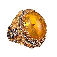 925 Sterling Silver Men Ring, Created Honey Amber Stone Ring(size:8)