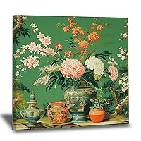 WoGuangis Asian Vase with Flower Canvas Prints Wall Art Ming Vase Green Chinoiserie Canvas Print Wall Art Painting Artworks Chinoiserie Asian Canvas Prints for Living Room Bedroom 12x12in