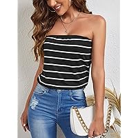 Women's Tops Shirts Sexy Tops for Women Striped Print Tube Top Shirts for Women (Color : Black, Size : Medium)
