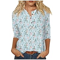 3/4 Length Sleeve Summer Tops for Women Classic Button Down Crewneck Shirts Floral Graphic Tees Dressy Casual Blouses