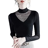 Mesh Tops for Women, Fashion Mock Neck Long Sleeve Hollow Out Crochet Patchwork Blouses Ladies Elegant Sexy Work Shirts