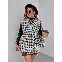 OVEXA Women's Large Size Fashion Casual Winte Plus Houndstooth Print Cloak Sleeve Belted Tweed Overcoat Leisure Comfortable Fashion Special Novelty (Color : Black and White, Size : 4X-Large)