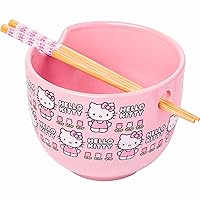 Silver Buffalo Sanrio Hello Kitty Flowers Pattern Ceramic Ramen Noodle Rice Bowl with Chopsticks, Microwave Safe, 20 Ounces