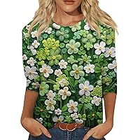 St Patricks Day Shirt Women Crew Neck 3/4 Sleeve Clover Printed Casual Tops for Women Loose Funny Womens Blouses