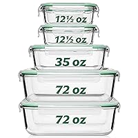 Large Glass Food Storage Containers [5 Pack 72 oz 9 cup] X-Large, Medium and Small Containers, Microwave Safe, Leakproof, Airtight Lids