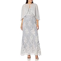 Ignite Women's Zipper Sequin Lace Beaded Gown Dress with Cape, Silver, 6