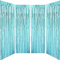 Light Blue Metallic Tinsel Foil Fringe Curtains Party Streamers Photo Booth Backdrop Ocean Theme Birthday Under The Sea Baby Shower Party Wedding Graduation New Year Party Celebration Decoration, 4PC