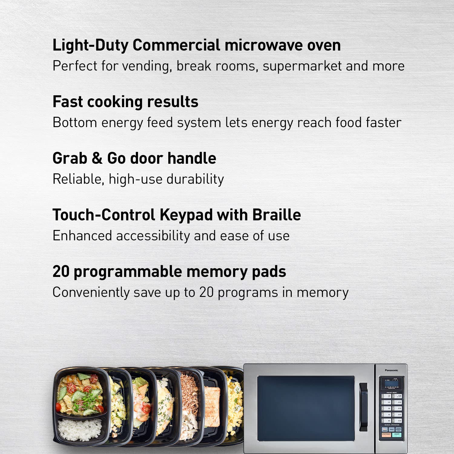 Panasonic Countertop Commercial Microwave Oven with 10 Programmable Memory and Touch Screen Control, 1000W of Cooking Power - NE-1054F - 0.8 Cu. Ft (Stainless Steel)