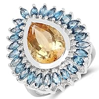 7.54 Carat Genuine Citrine and London Blue Topaz .925 Sterling Silver Ring