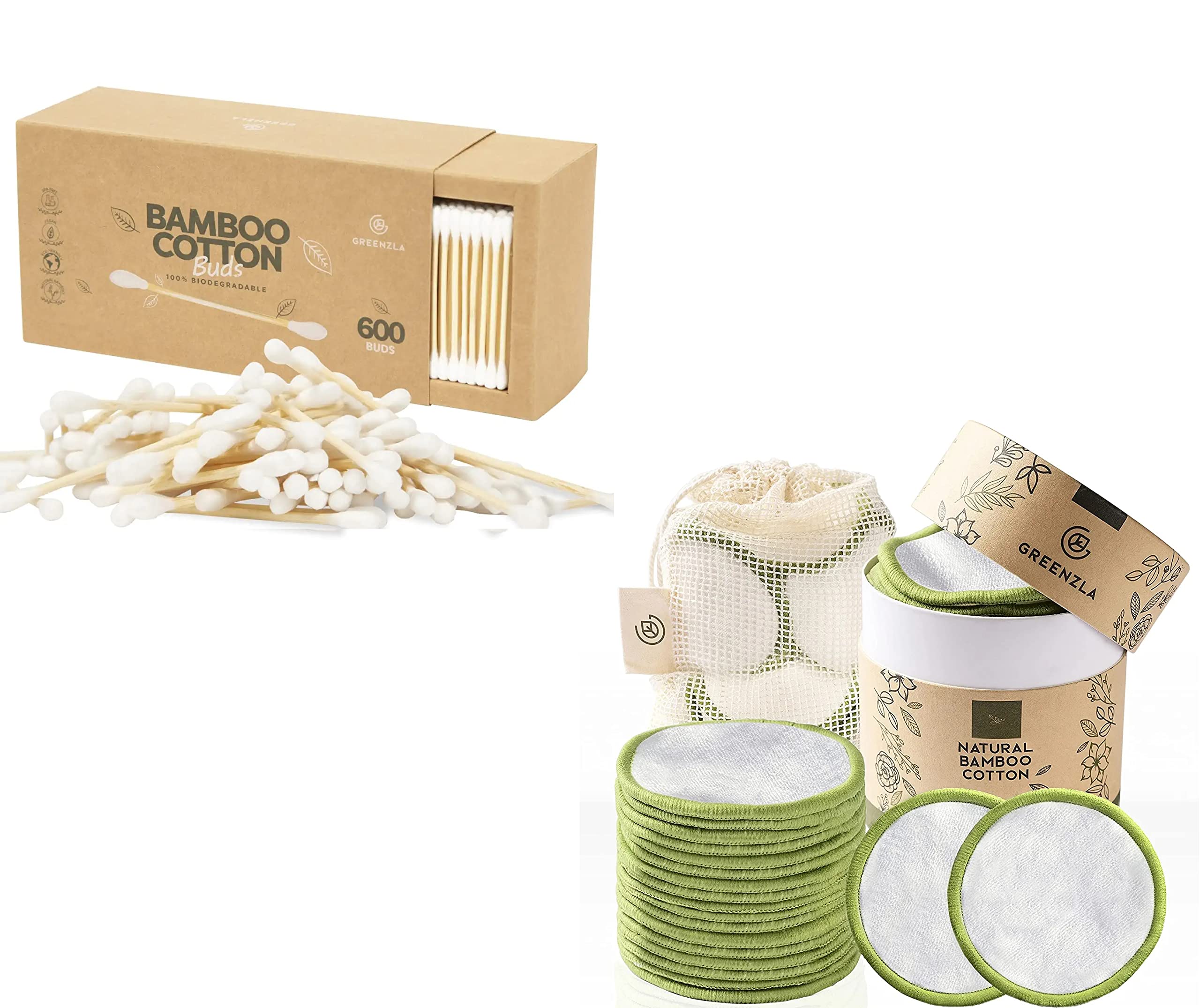 Greenzla Eco-Friendly Bamboo and Cotton Washable Reusable Rounds and Biodegradable Swabs Bundle