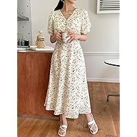 Dresses for Women Women's Dress Floral Print Ruched Puff Sleeve -line Dress Dresses (Color : Apricot, Size : X-Large)