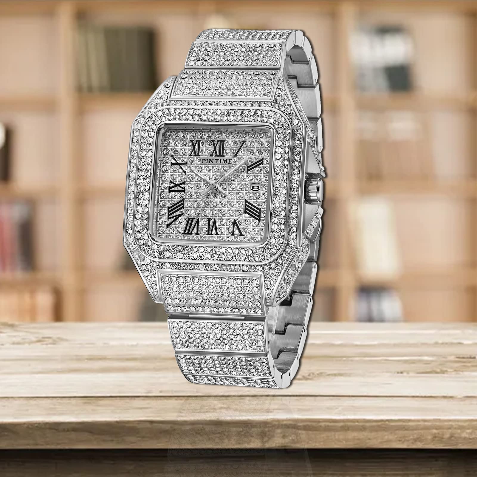 PINTIME Herren-Armbanduhr, 43 mm, großes Zifferblatt, luxuriös, quadratische Kristall-Uhren, modisch, Hip-Hop-Schmuck, Uhr für Herren