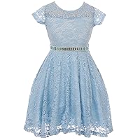 Little Girl Cap Sleeve Lace Skater Stone Belt Party Flower Girls Dresses 4-20