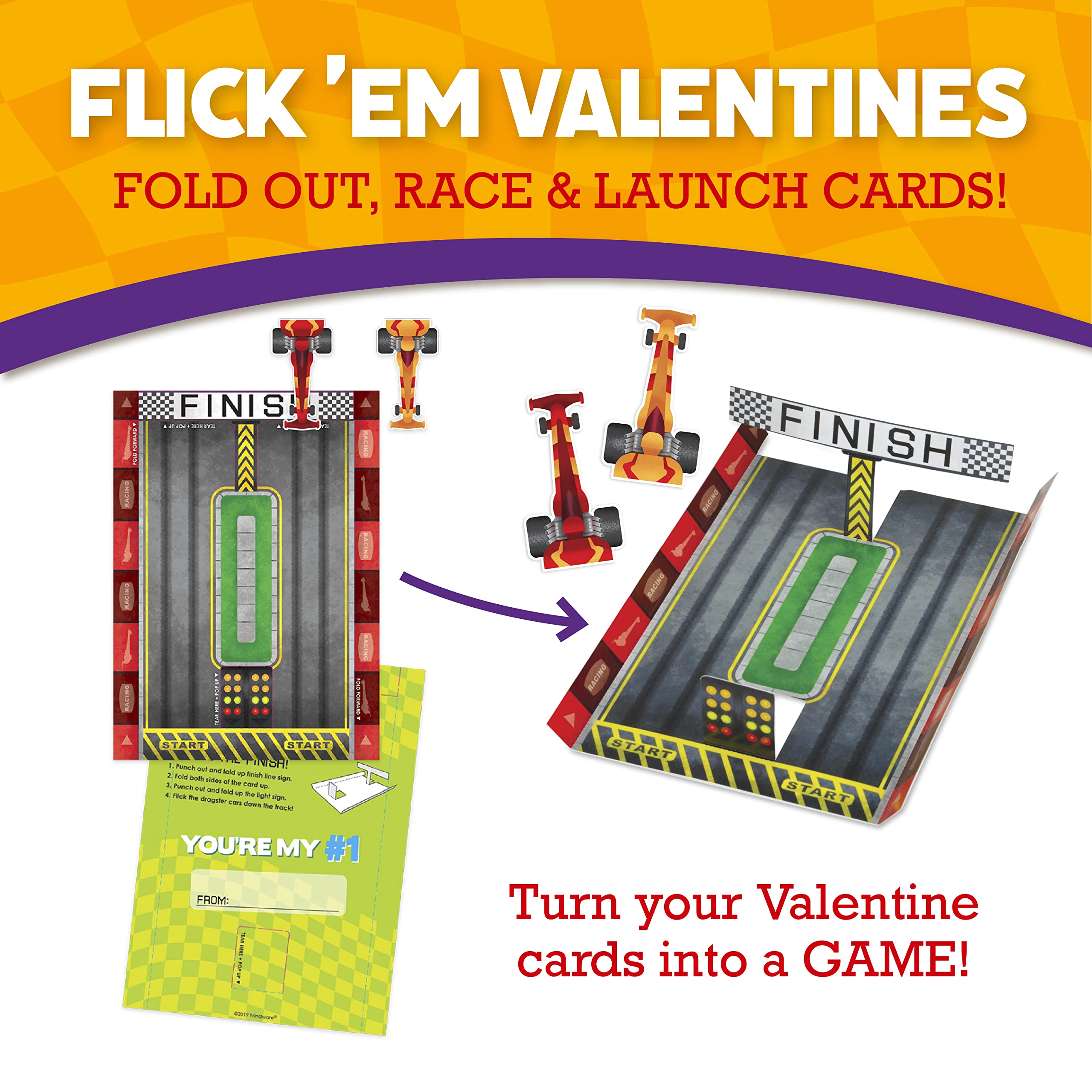 Valentines Day Flick ‘Em Stunt Car Sticker Valentines - 28 Valentines Cards for Kids School Classroom Party Favors