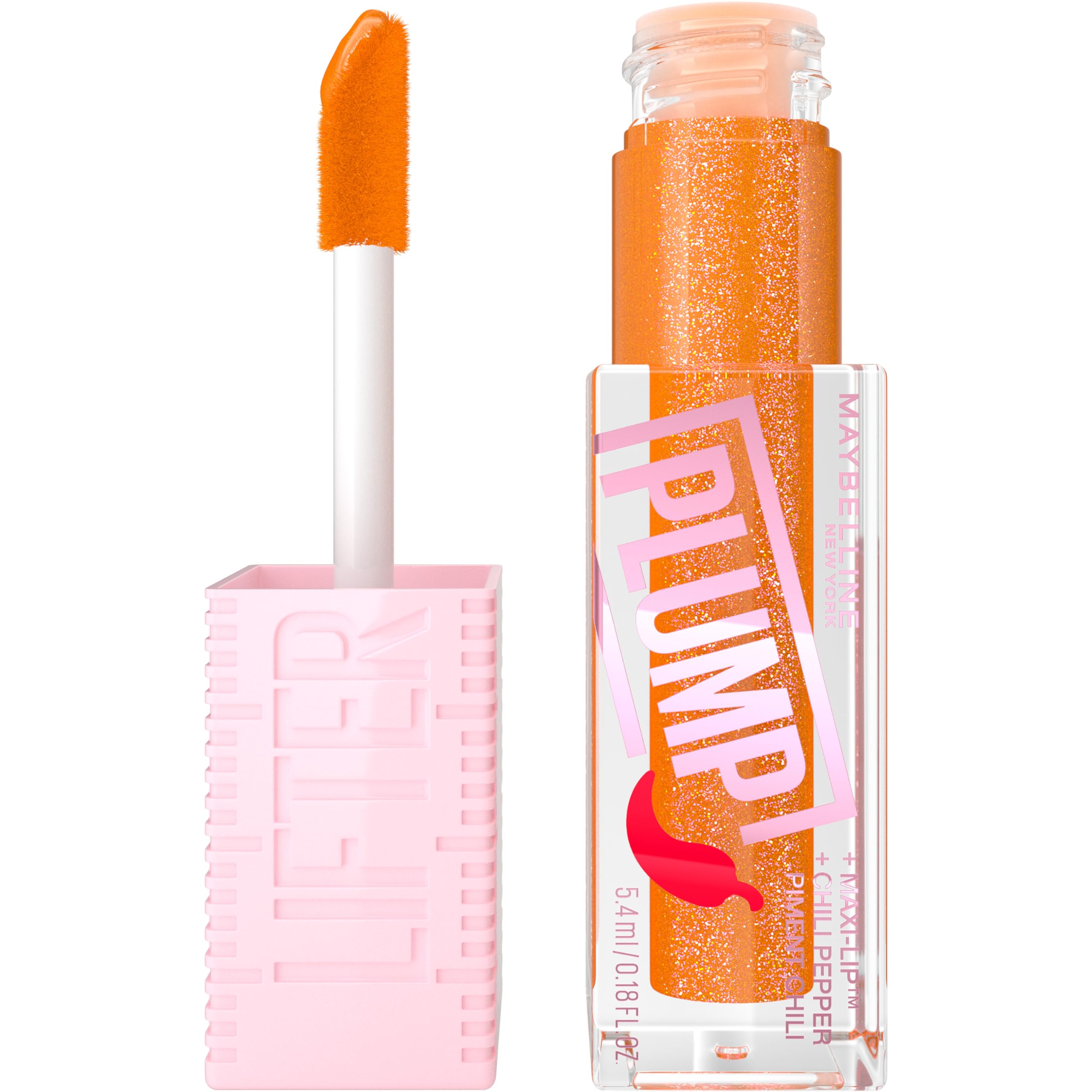 MAYBELLINE Lifter Gloss Lifter Plump, Plumping Lip Gloss with Chili Pepper and 5% Maxi-Lip, Hot Honey, Clear with Pink and Gold, 1 Count