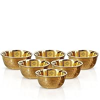 Indian Art Villa Pure Brass Embossed Design Flat Bottom Bowl, Decorative Dinnerware, Tableware and Serveware for Home Hotel Restaurant, Volume-5 Oz, Set of 6