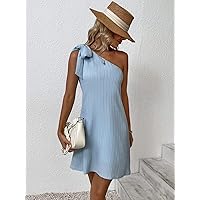 Women's Dress Dresses for Women Knot One Shoulder Textured -line Dress (Color : Baby Blue, Size : Small)