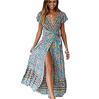 Women's Bohemian Floral Printed Wrap V Neck Short Sleeve Split Beach Party Maxi Dress S-5XL Oversized Size