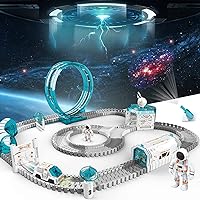Space Toys for Kids, 204PCS Train Toys for Boys 6-8 with 1 Mini Star Projector, 1 Light Up Car and 2 Astronaut Dolls, Flexible Race Track Birthday Xmas Gifts Set for Girls Boys 4-7